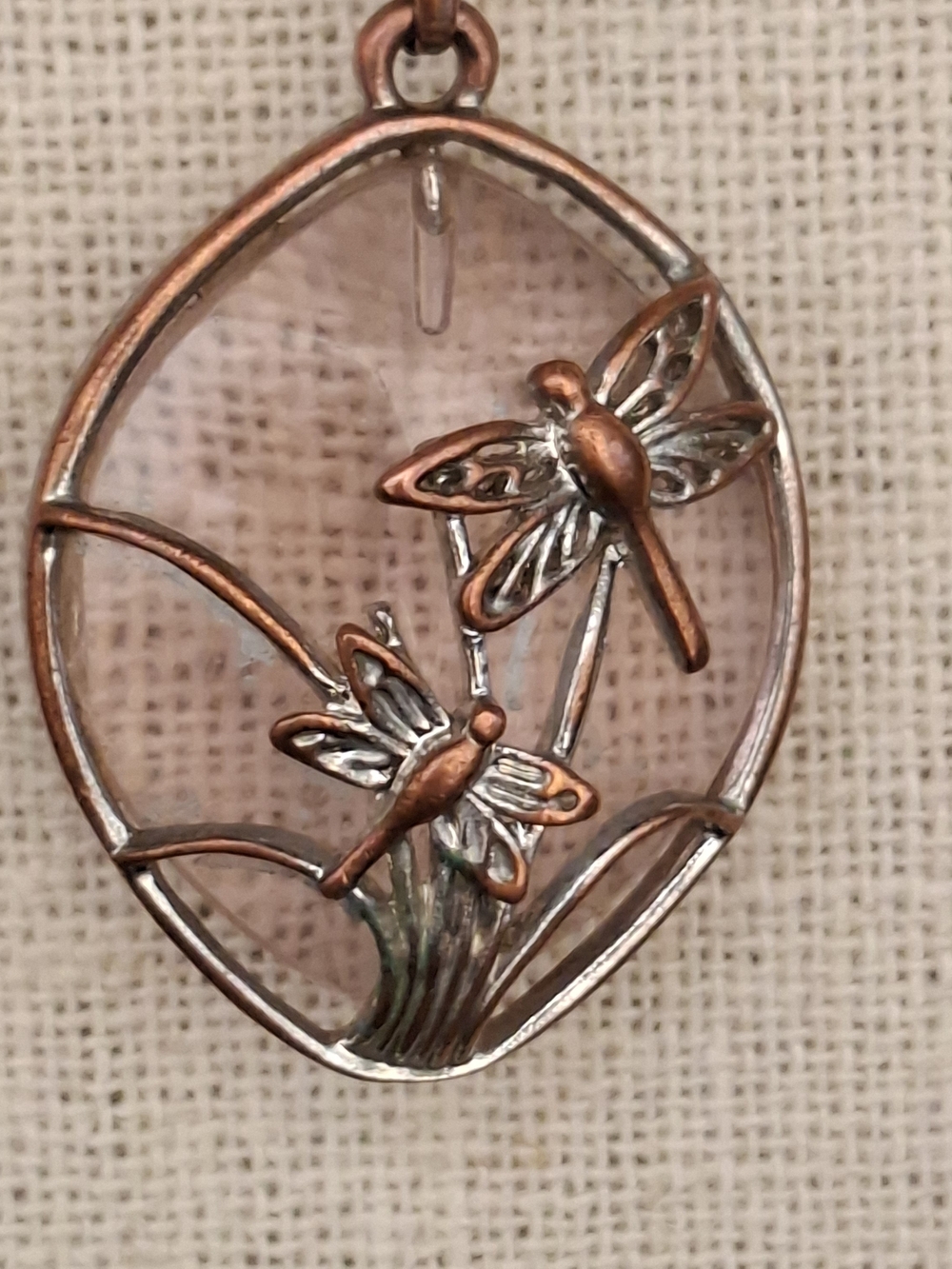 Copper And Silver Tone With Large Pink Glass Stone  Dragonfly Pendant Necklace